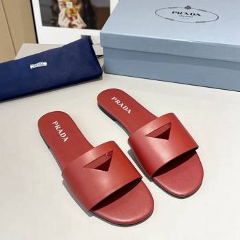 Prada Leather Flat Slide Sandals with Cut-out Triangle Red 2024 0430 (MD-240430106)