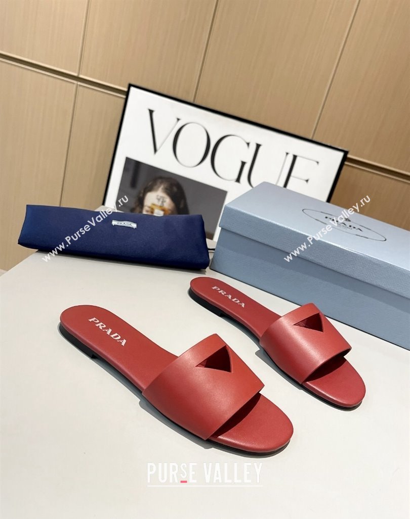 Prada Leather Flat Slide Sandals with Cut-out Triangle Red 2024 0430 (MD-240430106)