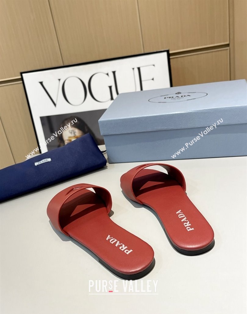 Prada Leather Flat Slide Sandals with Cut-out Triangle Red 2024 0430 (MD-240430106)