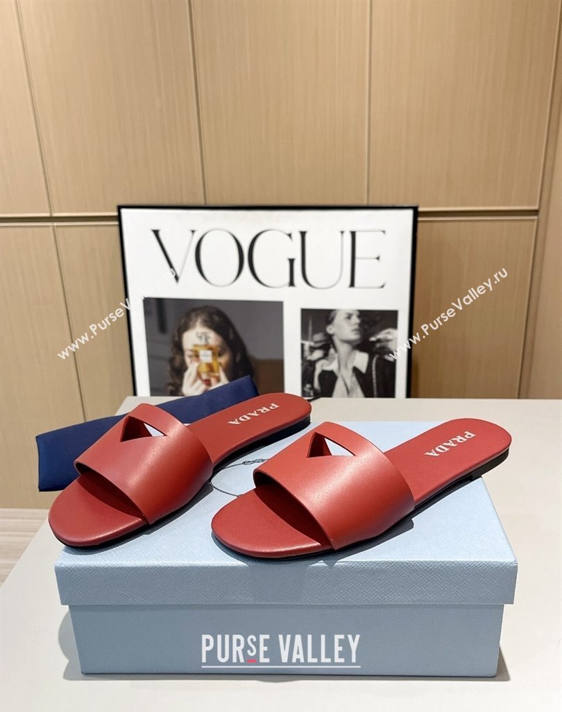 Prada Leather Flat Slide Sandals with Cut-out Triangle Red 2024 0430 (MD-240430106)