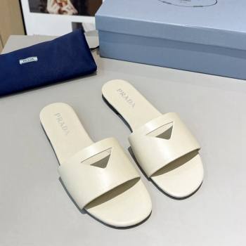 Prada Leather Flat Slide Sandals with Cut-out Triangle White 2024 0430 (MD-240430108)