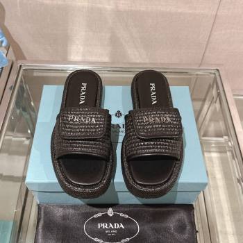 Prada Crochet Platform Slide Sandals with Foldover Black 2024 0430 (MD-240430012)