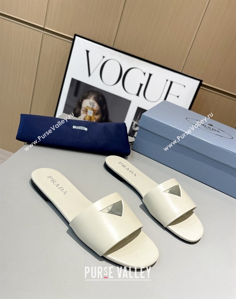 Prada Leather Flat Slide Sandals with Cut-out Triangle White 2024 0430 (MD-240430108)