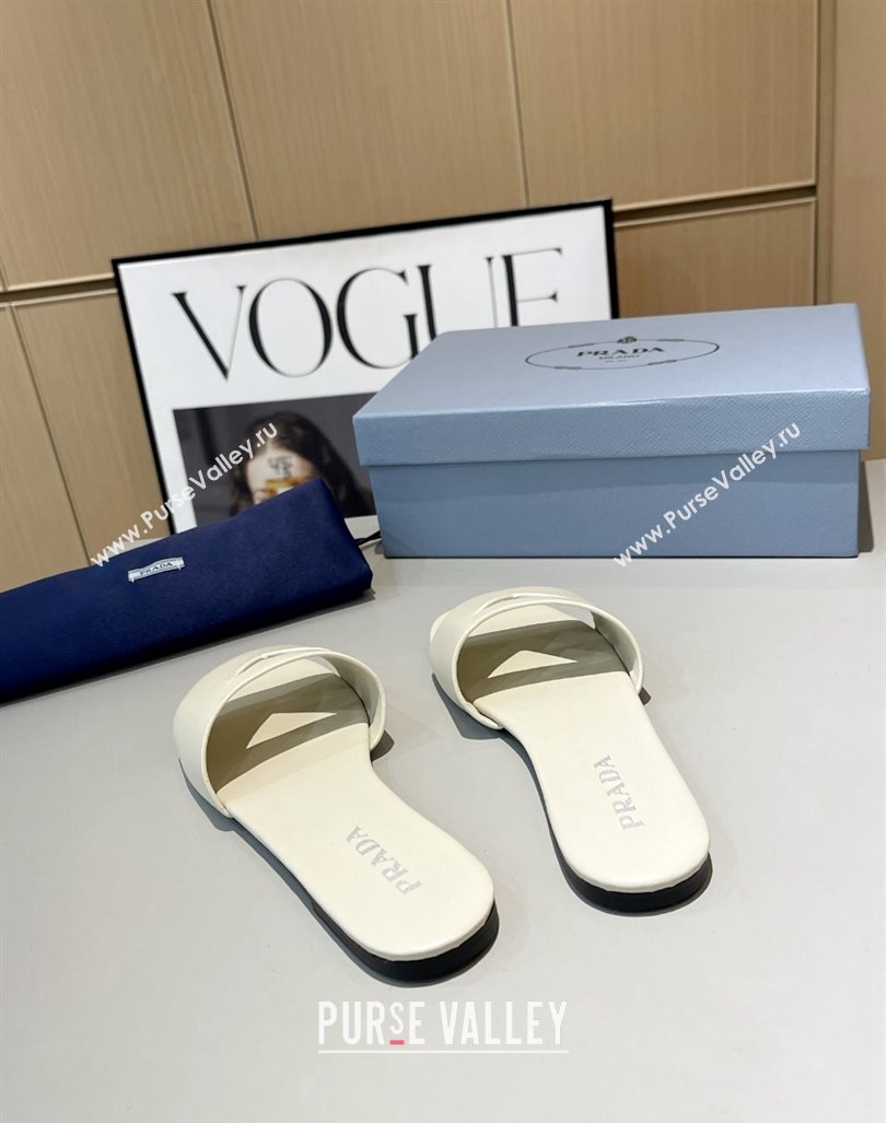 Prada Leather Flat Slide Sandals with Cut-out Triangle White 2024 0430 (MD-240430108)