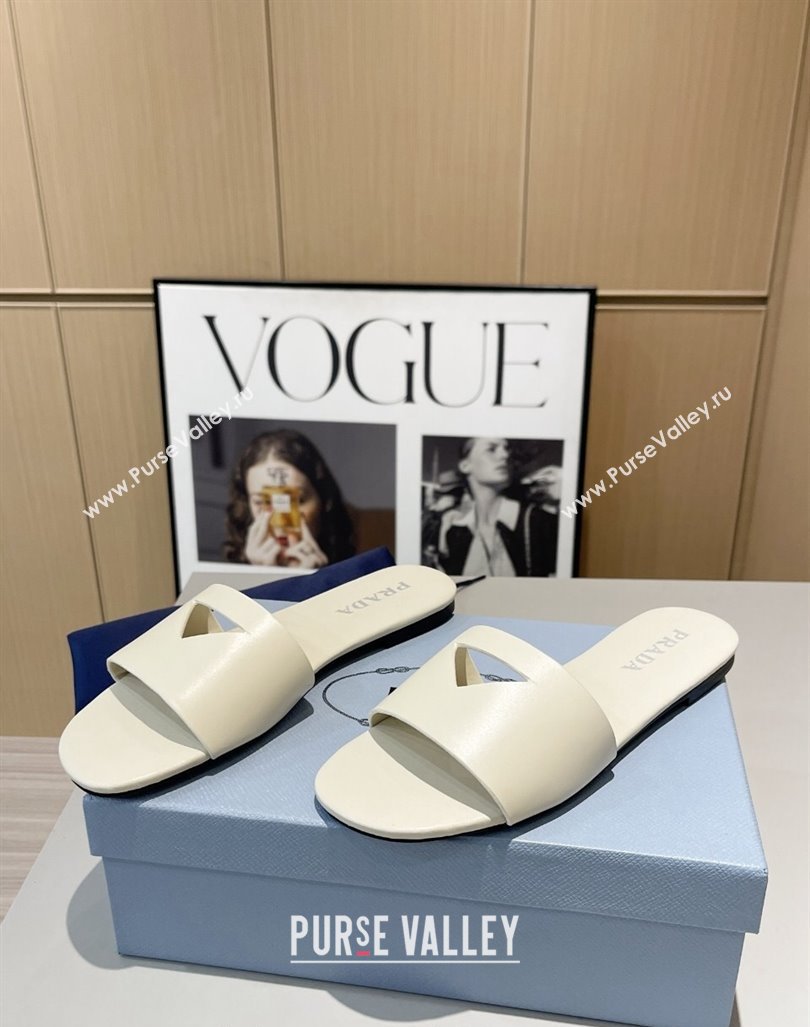 Prada Leather Flat Slide Sandals with Cut-out Triangle White 2024 0430 (MD-240430108)