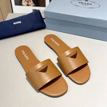 Prada Leather Flat Slide Sandals with Cut-out Triangle Tan Brown 2024 0430 (MD-240430110)