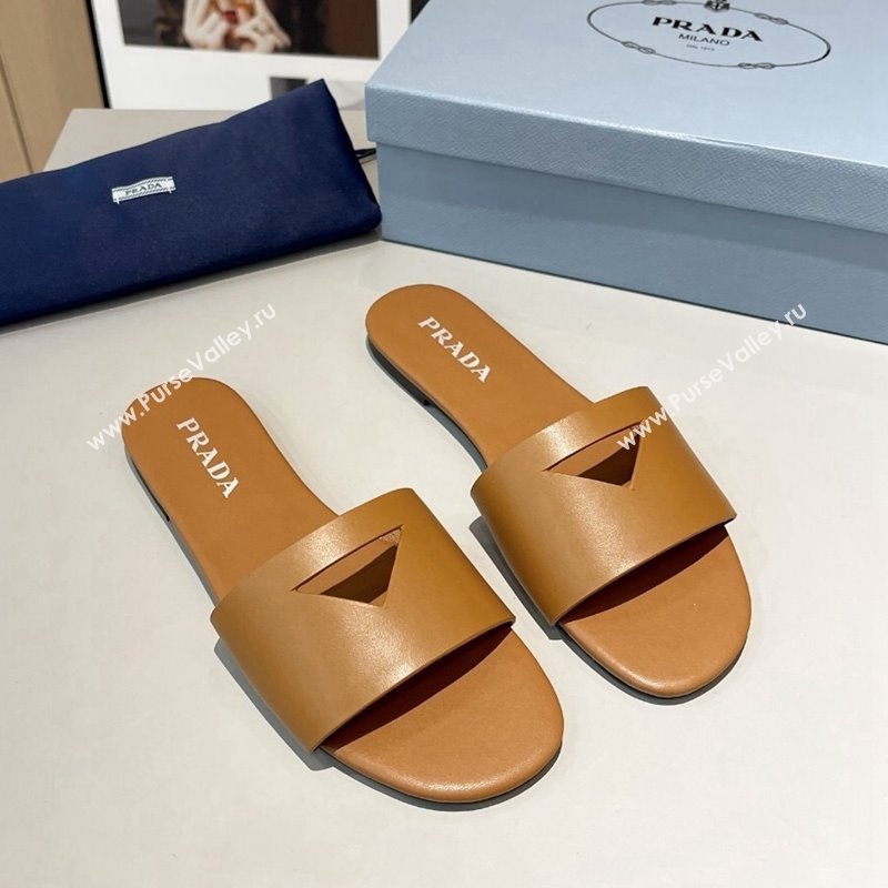 Prada Leather Flat Slide Sandals with Cut-out Triangle Tan Brown 2024 0430 (MD-240430110)