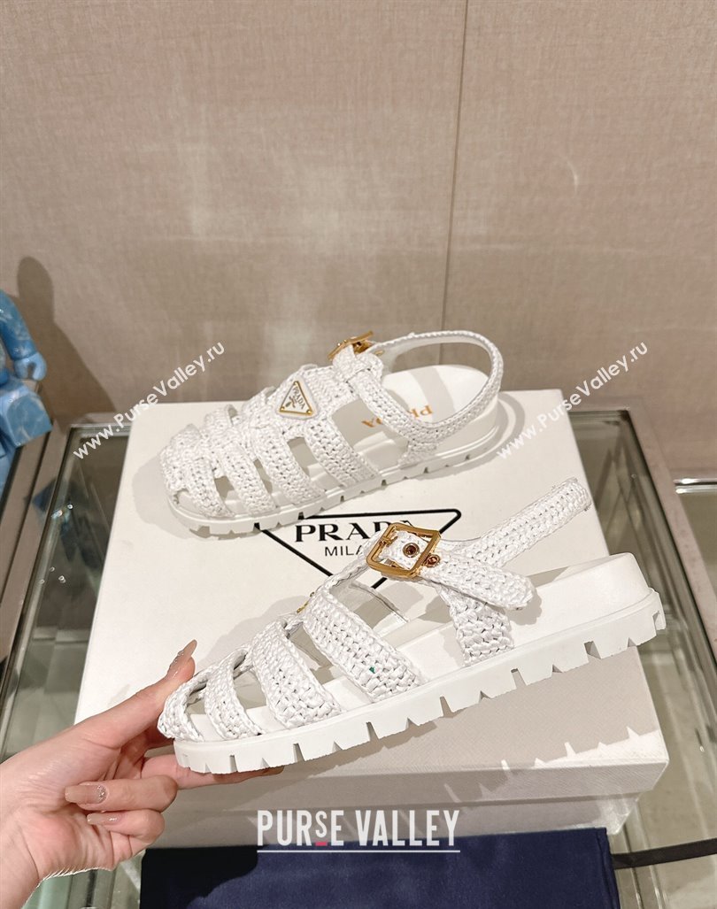 Prada Crochet Strap Flat Sandals White 2024 043002 (MD-240430014)