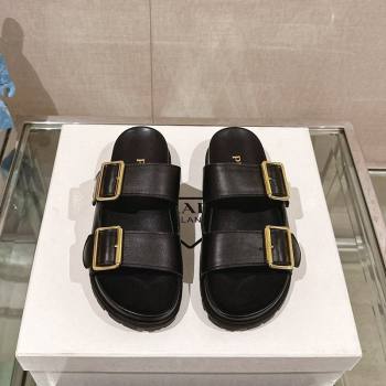 Prada Leather Flat Slide Sandals with Double Buckle Strap Black 2024 0430 (MD-240430029)