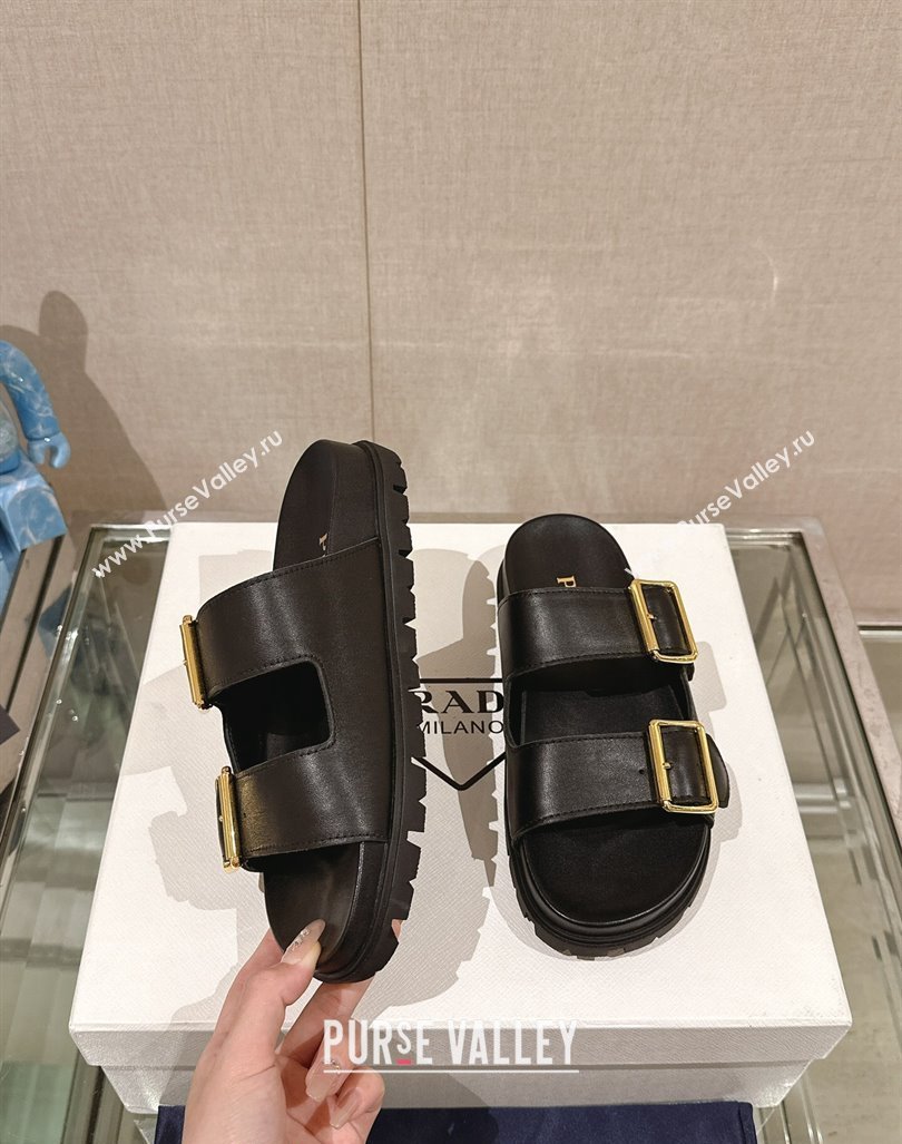 Prada Leather Flat Slide Sandals with Double Buckle Strap Black 2024 0430 (MD-240430029)