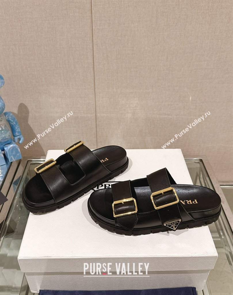 Prada Leather Flat Slide Sandals with Double Buckle Strap Black 2024 0430 (MD-240430029)