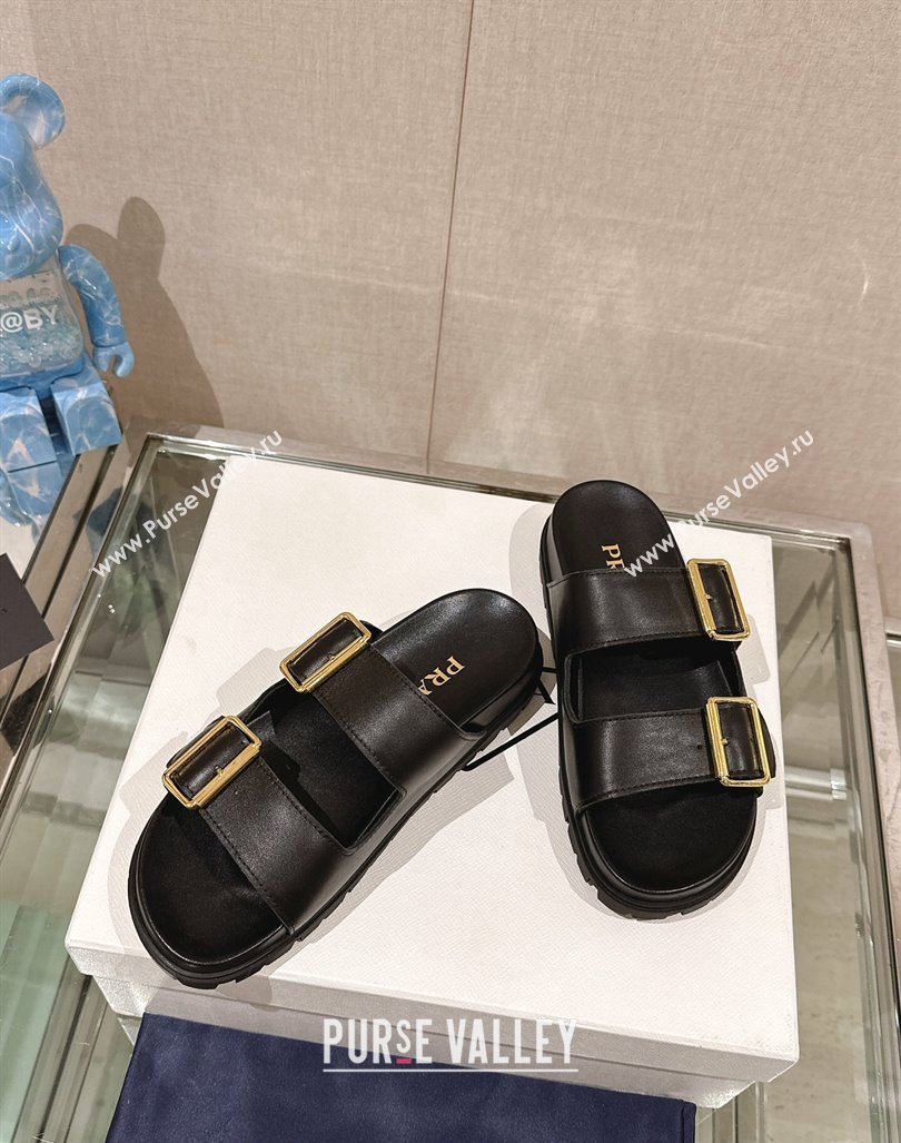 Prada Leather Flat Slide Sandals with Double Buckle Strap Black 2024 0430 (MD-240430029)