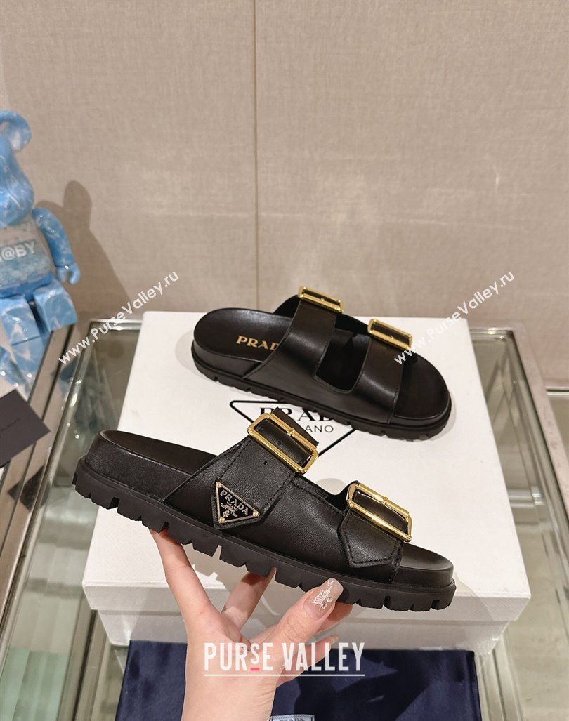 Prada Leather Flat Slide Sandals with Double Buckle Strap Black 2024 0430 (MD-240430029)