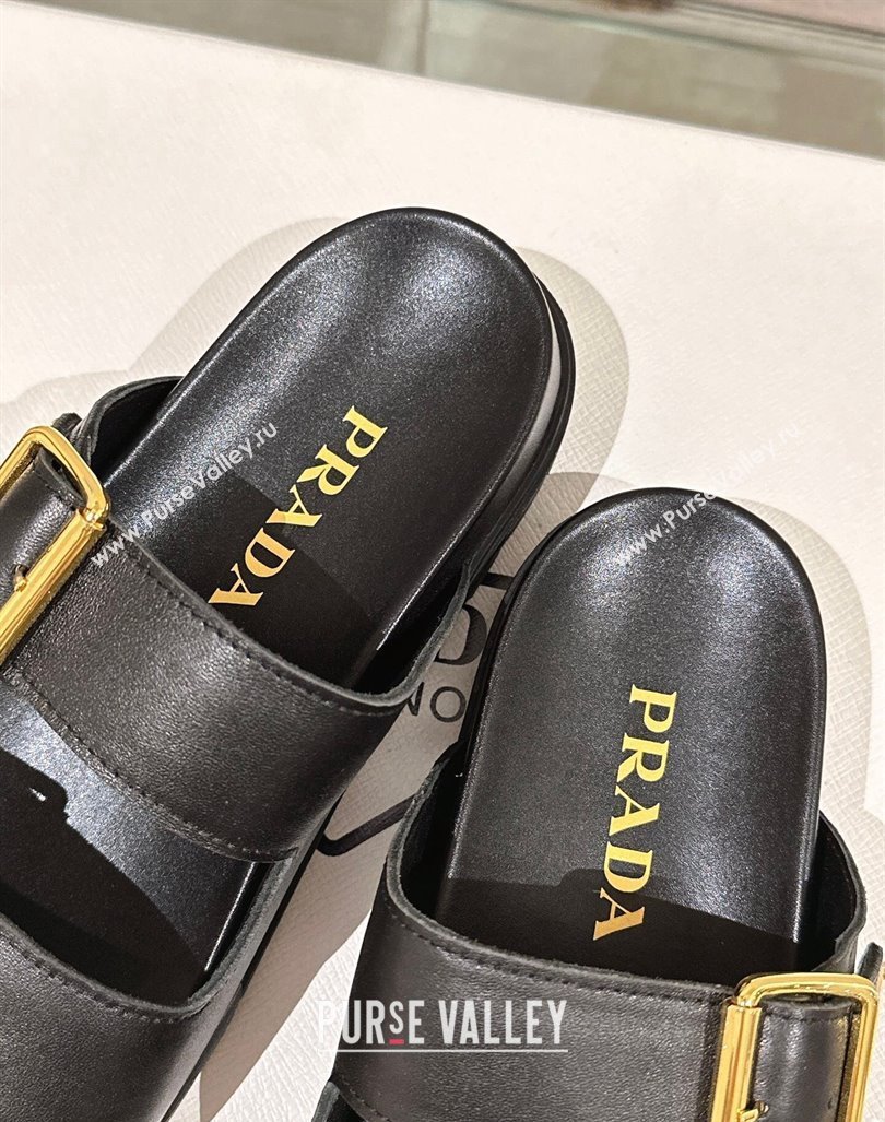 Prada Leather Flat Slide Sandals with Double Buckle Strap Black 2024 0430 (MD-240430029)