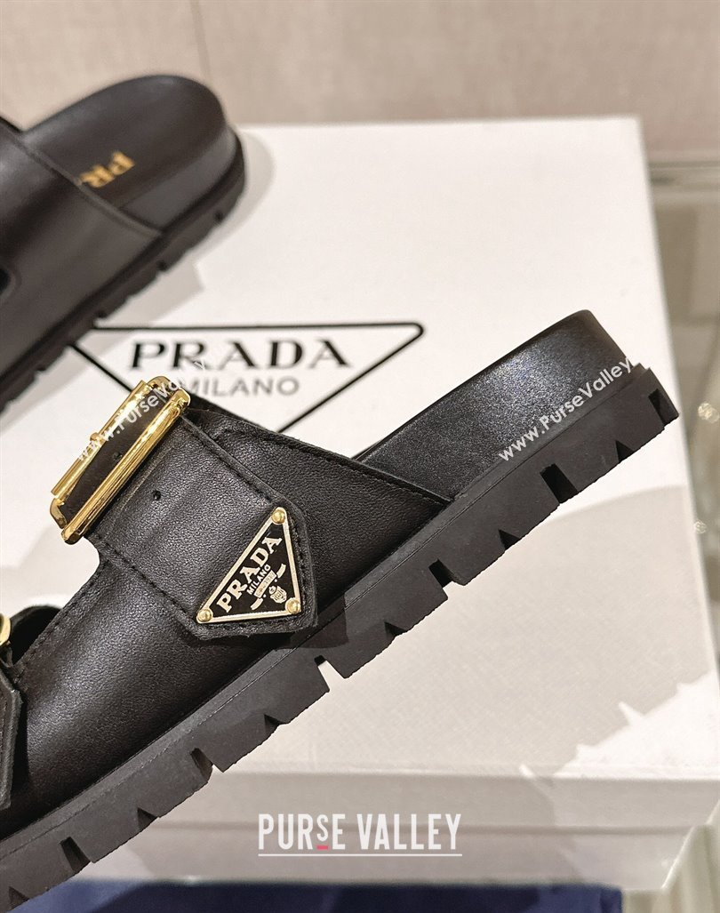 Prada Leather Flat Slide Sandals with Double Buckle Strap Black 2024 0430 (MD-240430029)