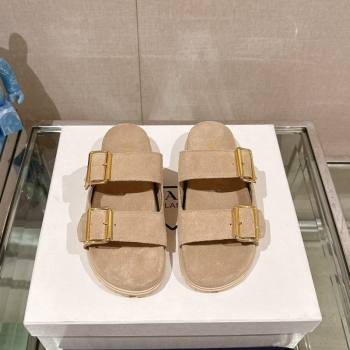 Prada Suede Flat Slide Sandals with Double Buckle Strap Beige 2024 0430 (MD-240430030)