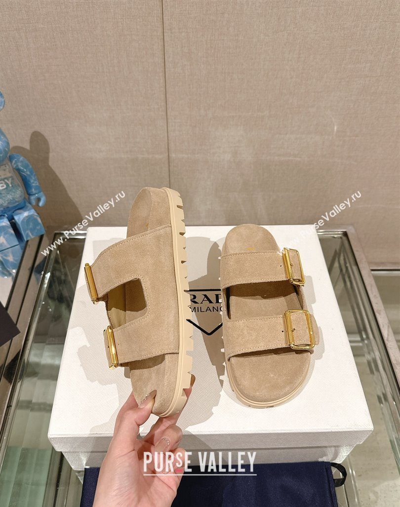 Prada Suede Flat Slide Sandals with Double Buckle Strap Beige 2024 0430 (MD-240430030)