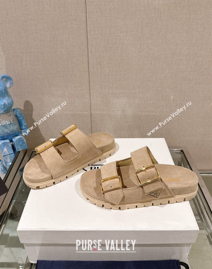 Prada Suede Flat Slide Sandals with Double Buckle Strap Beige 2024 0430 (MD-240430030)