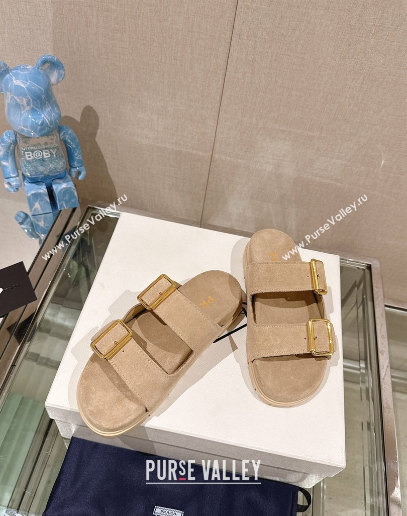 Prada Suede Flat Slide Sandals with Double Buckle Strap Beige 2024 0430 (MD-240430030)