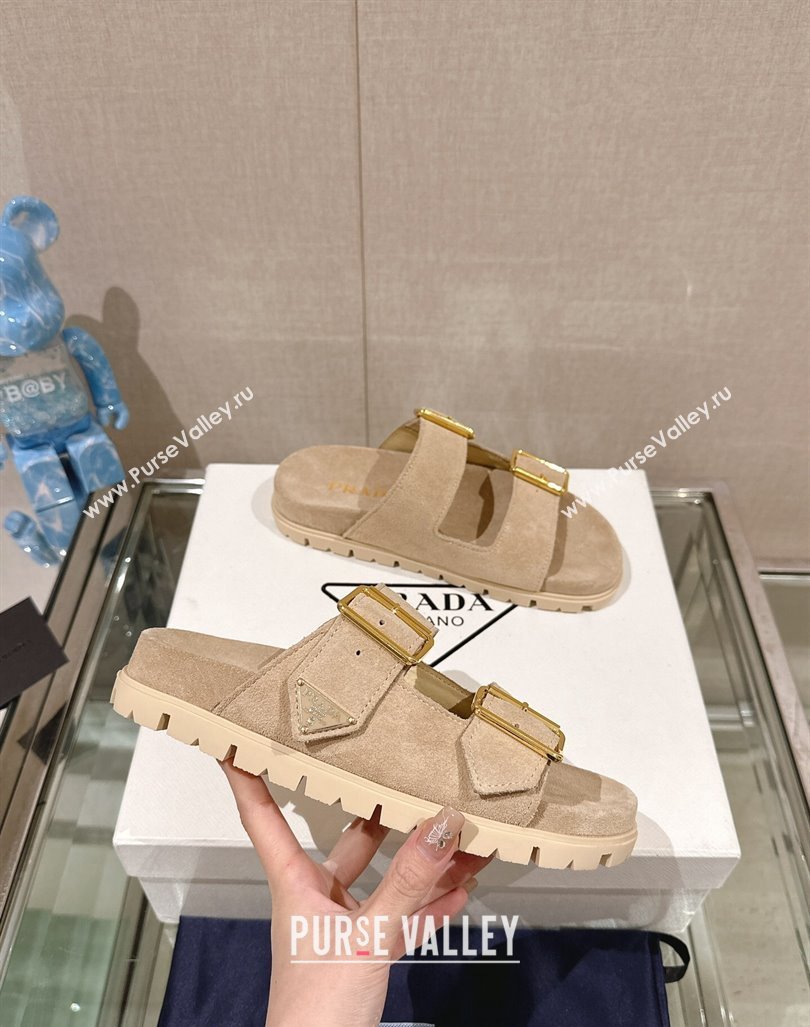 Prada Suede Flat Slide Sandals with Double Buckle Strap Beige 2024 0430 (MD-240430030)