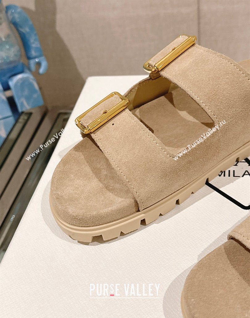 Prada Suede Flat Slide Sandals with Double Buckle Strap Beige 2024 0430 (MD-240430030)