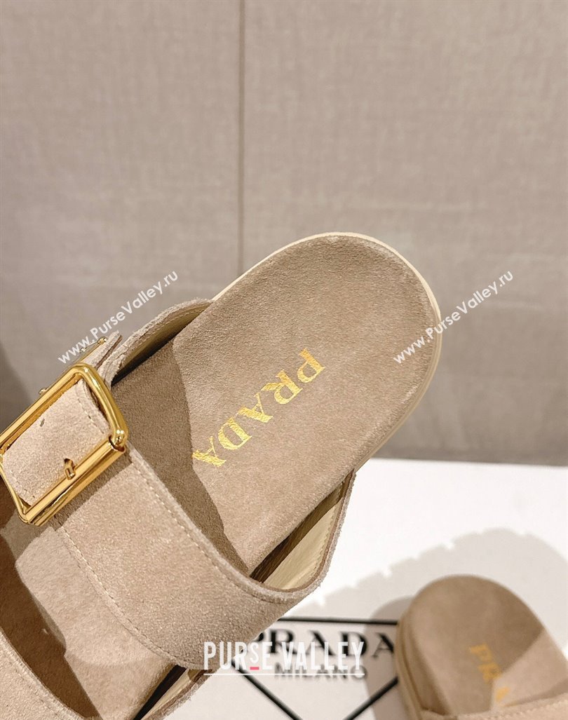 Prada Suede Flat Slide Sandals with Double Buckle Strap Beige 2024 0430 (MD-240430030)