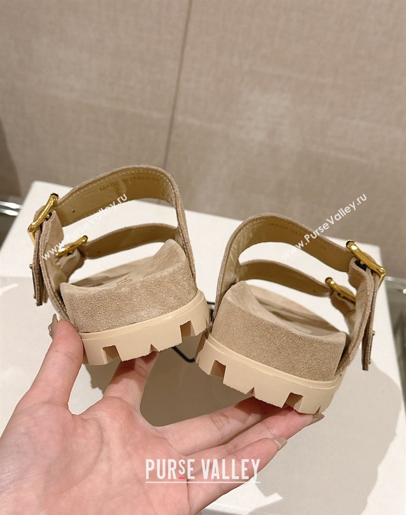 Prada Suede Flat Slide Sandals with Double Buckle Strap Beige 2024 0430 (MD-240430030)