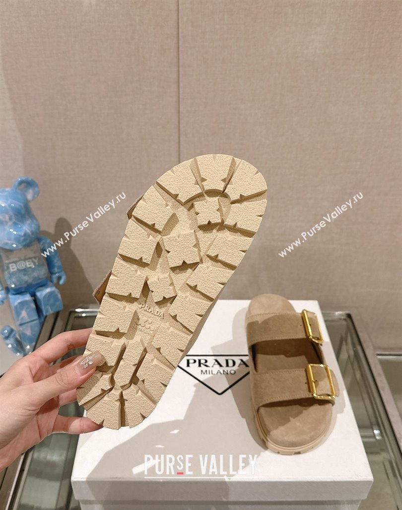 Prada Suede Flat Slide Sandals with Double Buckle Strap Beige 2024 0430 (MD-240430030)