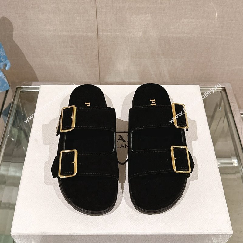 Prada Suede Flat Slide Sandals with Double Buckle Strap Black 2024 0430 (MD-240430031)