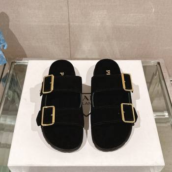 Prada Suede Flat Slide Sandals with Double Buckle Strap Black 2024 1XX692 (MD-250424152)