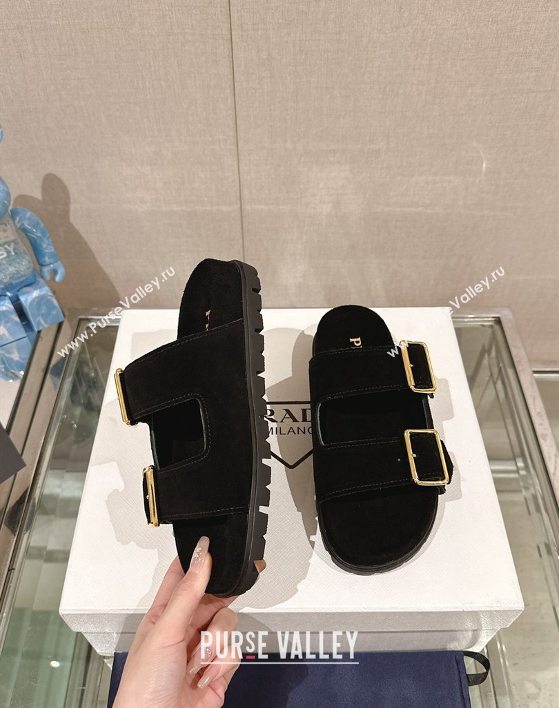 Prada Suede Flat Slide Sandals with Double Buckle Strap Black 2024 0430 (MD-240430031)