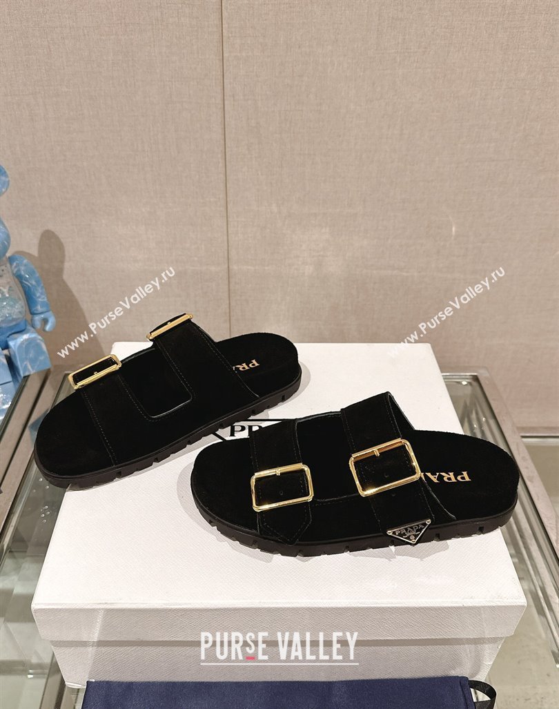 Prada Suede Flat Slide Sandals with Double Buckle Strap Black 2024 0430 (MD-240430031)