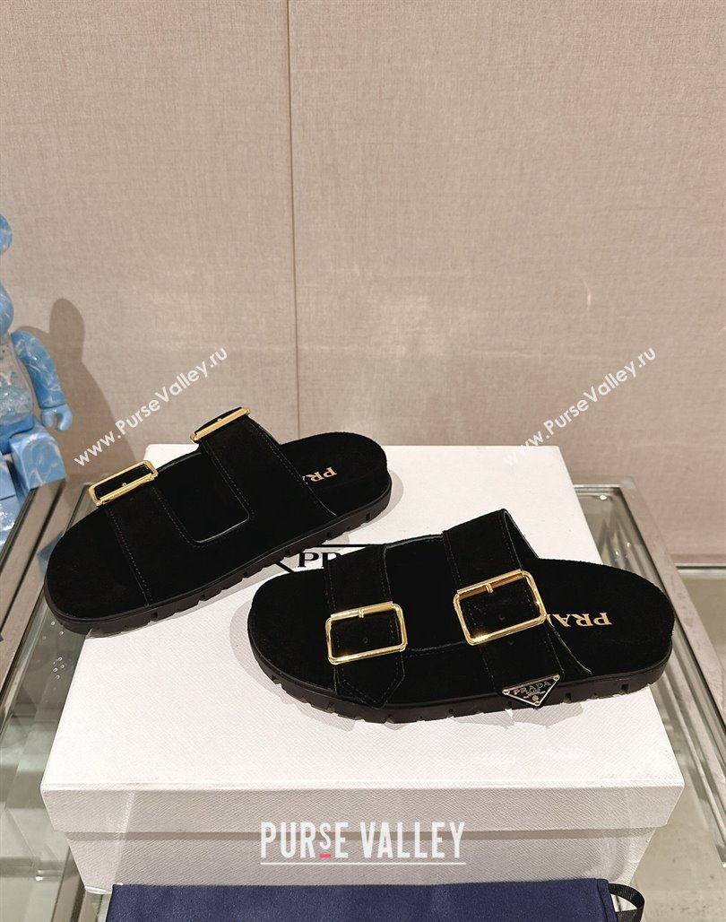 Prada Suede Flat Slide Sandals with Double Buckle Strap Black 2024 1XX692 (MD-250424152)