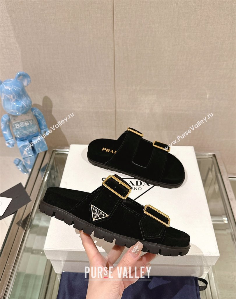 Prada Suede Flat Slide Sandals with Double Buckle Strap Black 2024 0430 (MD-240430031)