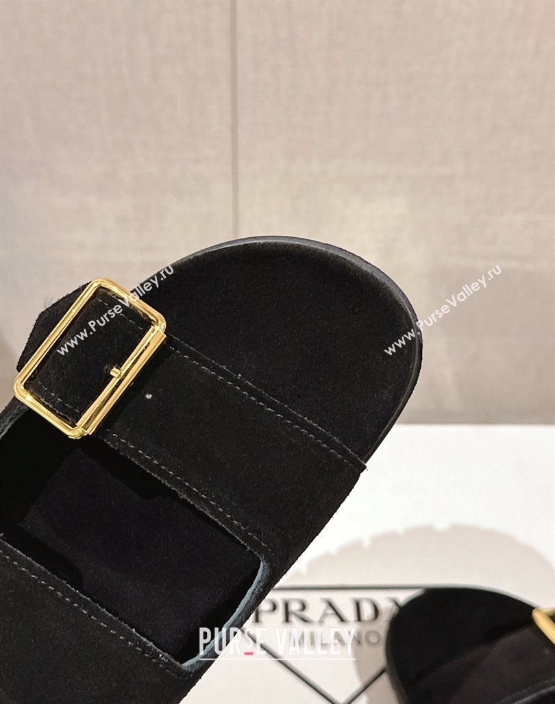 Prada Suede Flat Slide Sandals with Double Buckle Strap Black 2024 0430 (MD-240430031)