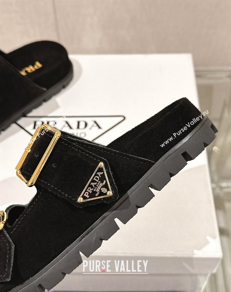 Prada Suede Flat Slide Sandals with Double Buckle Strap Black 2024 0430 (MD-240430031)