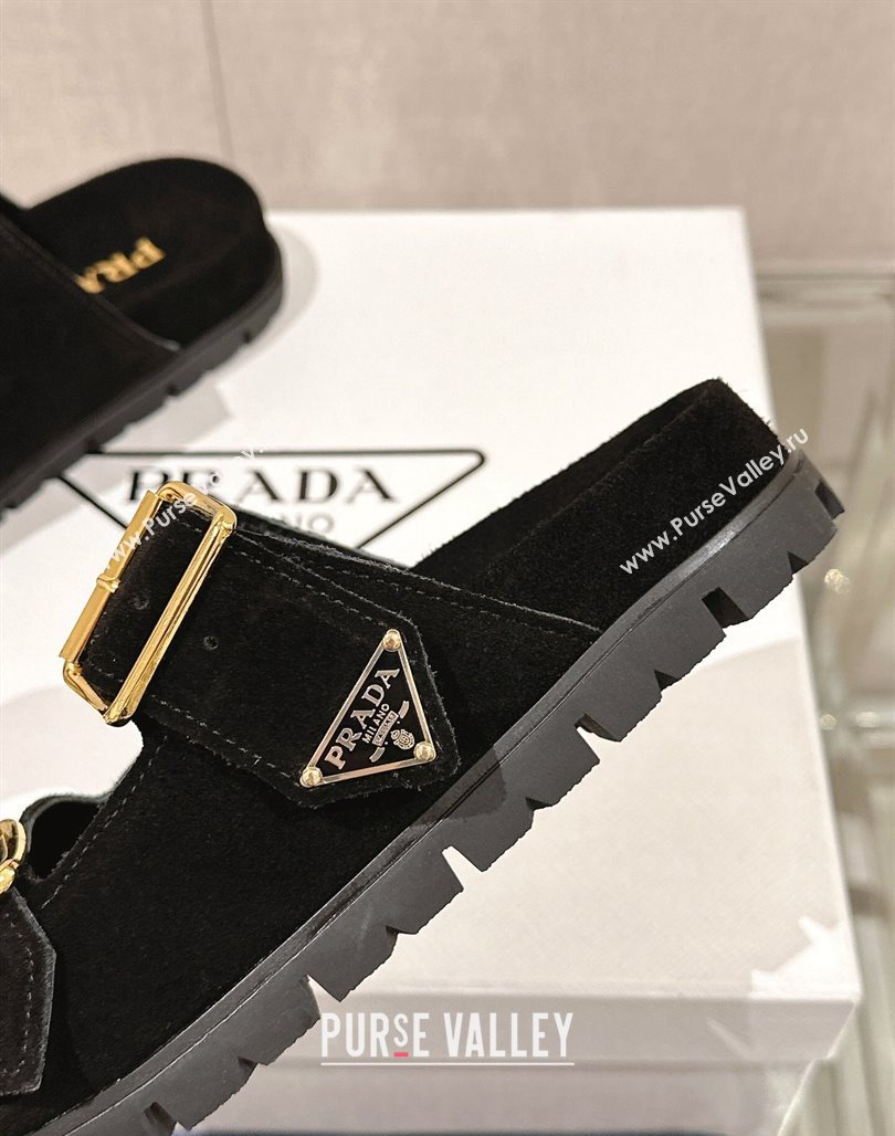 Prada Suede Flat Slide Sandals with Double Buckle Strap Black 2024 1XX692 (MD-250424152)