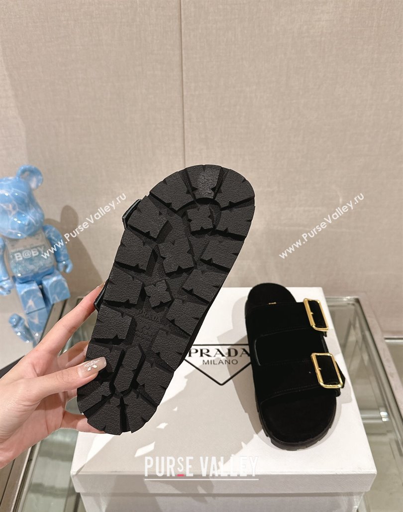 Prada Suede Flat Slide Sandals with Double Buckle Strap Black 2024 1XX692 (MD-250424152)