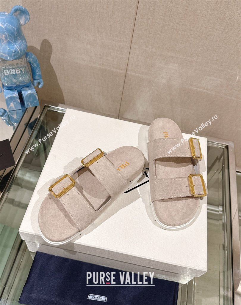 Prada Suede Flat Slide Sandals with Double Buckle Strap Grey 2024 0430 (MD-240430033)