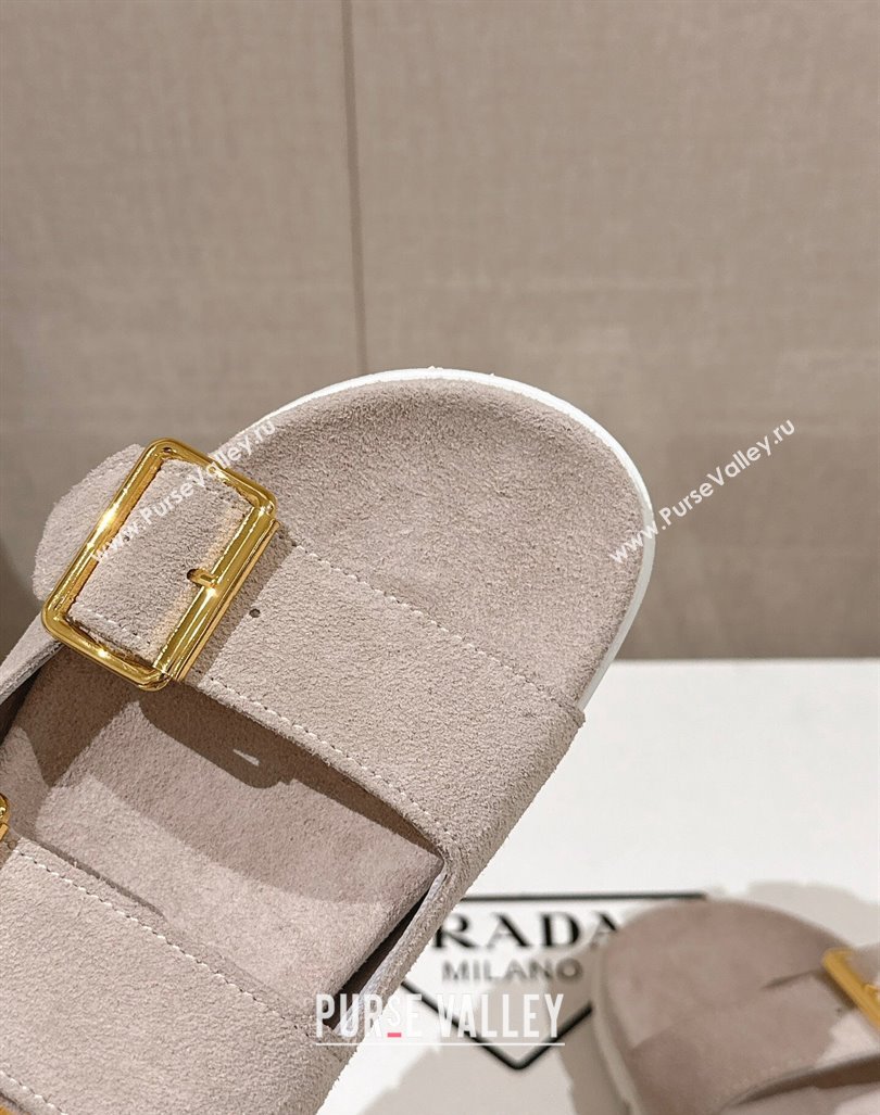 Prada Suede Flat Slide Sandals with Double Buckle Strap Grey 2024 0430 (MD-240430033)