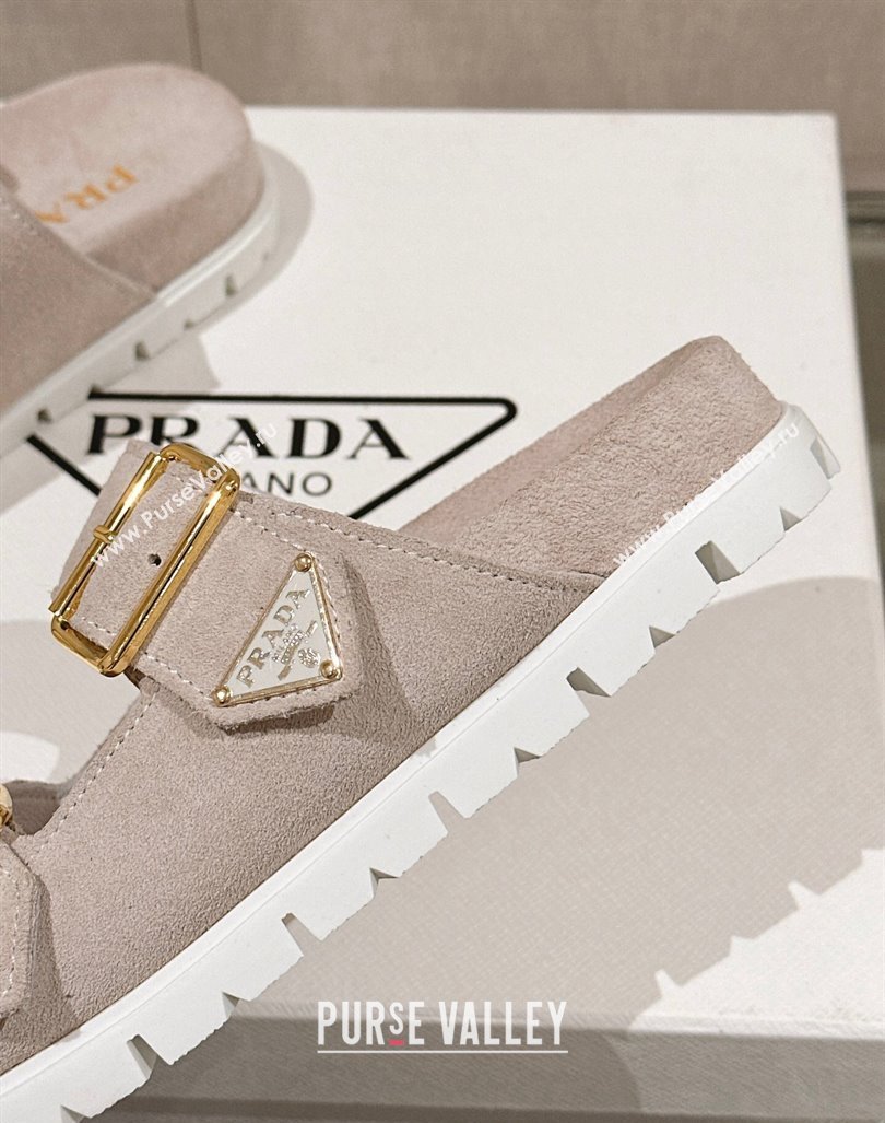 Prada Suede Flat Slide Sandals with Double Buckle Strap Grey 2024 0430 (MD-240430033)