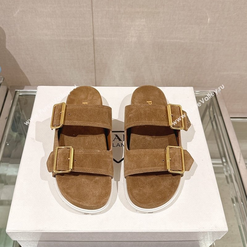 Prada Suede Flat Slide Sandals with Double Buckle Strap Brown 2024 0430 (MD-240430034)