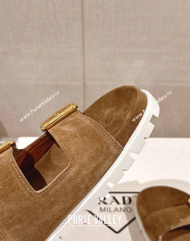 Prada Suede Flat Slide Sandals with Double Buckle Strap Brown 2024 0430 (MD-240430034)