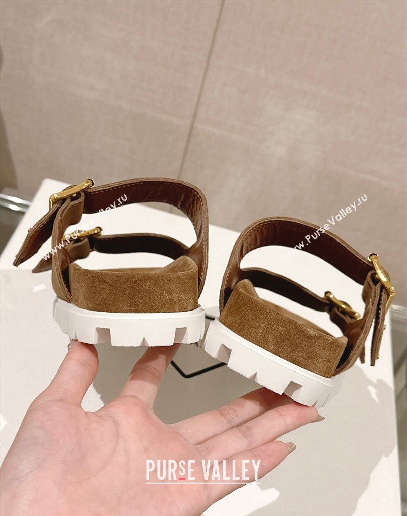 Prada Suede Flat Slide Sandals with Double Buckle Strap Brown 2024 0430 (MD-240430034)