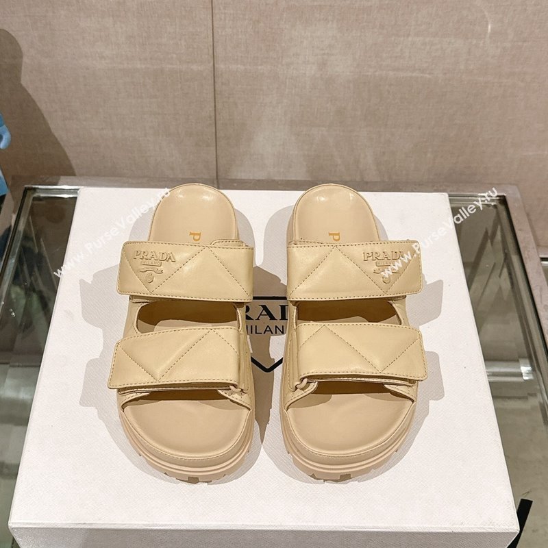 Prada Quilted Nappa Leather Strap Flat Slide Sandals Beige 2024 0430 (MD-240430035)