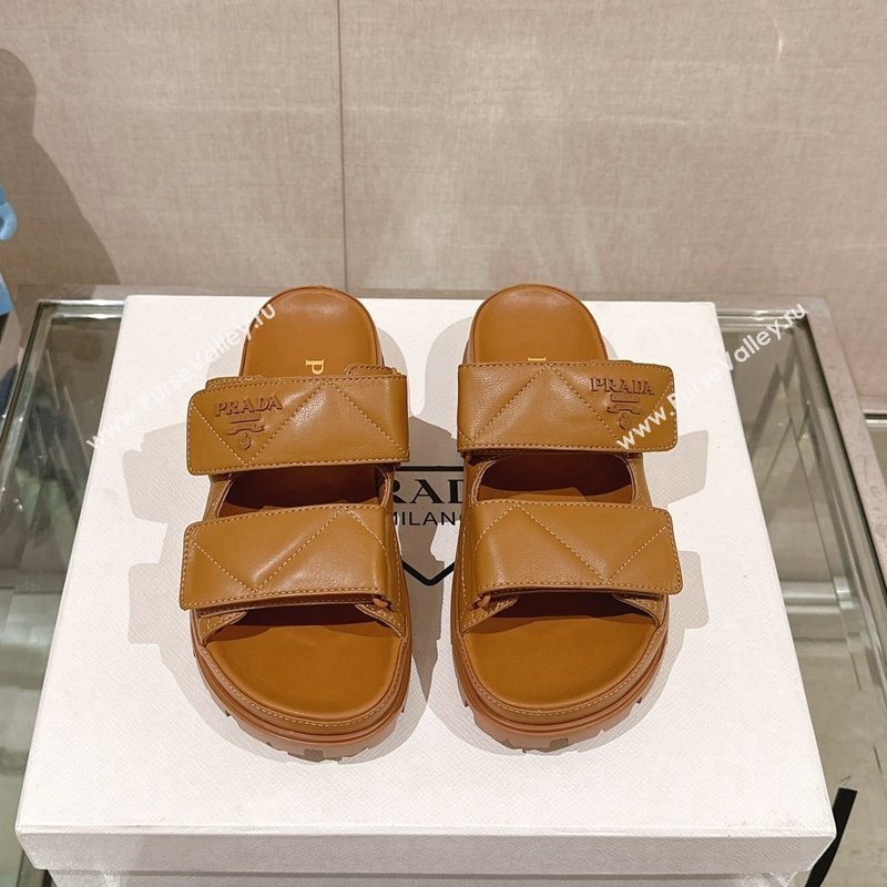 Prada Quilted Nappa Leather Strap Flat Slide Sandals Brown 2024 0430 (MD-240430036)