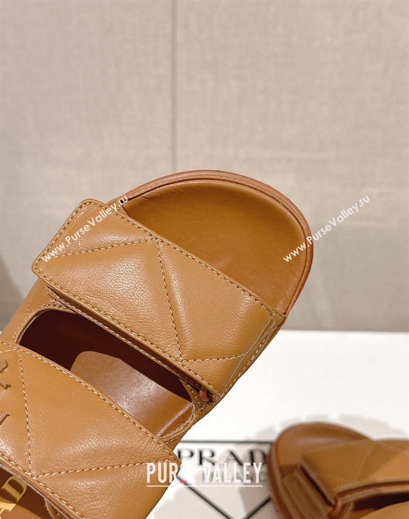 Prada Quilted Nappa Leather Strap Flat Slide Sandals Brown 2024 0430 (MD-240430036)