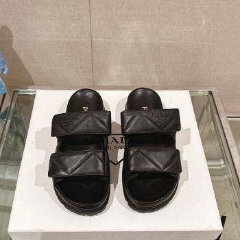 Prada Quilted Nappa Leather Strap Flat Slide Sandals Black 2024 0430 (MD-240430037)