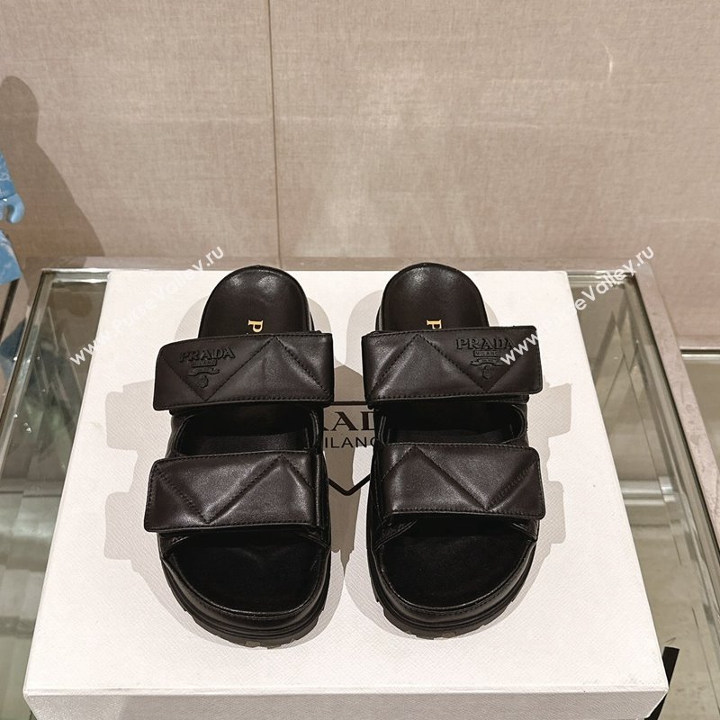 Prada Quilted Nappa Leather Strap Flat Slide Sandals Black 2024 0430 (MD-240430037)