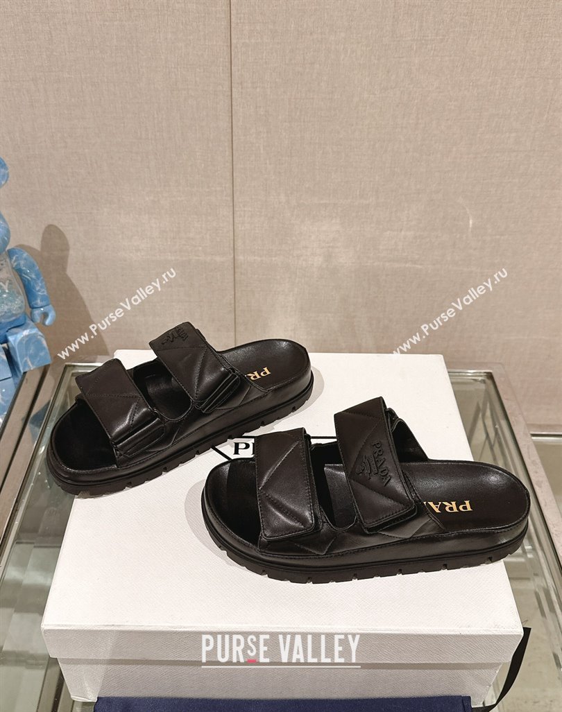 Prada Quilted Nappa Leather Strap Flat Slide Sandals Black 2024 0430 (MD-240430037)